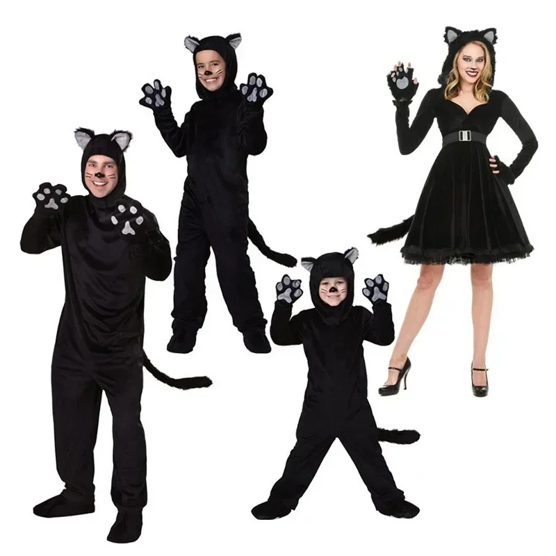 Halloween Adult Kids Black Cat Costume Cosplay Animal Black Cat Parent-child Stage Performance Costumes