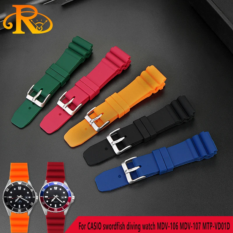 Silicone strap For CASIO swordfish diving watch MDV-106 MDV-107 MTP-VD01D efr-303l watchband Orange green men\'s wrist band 22mm