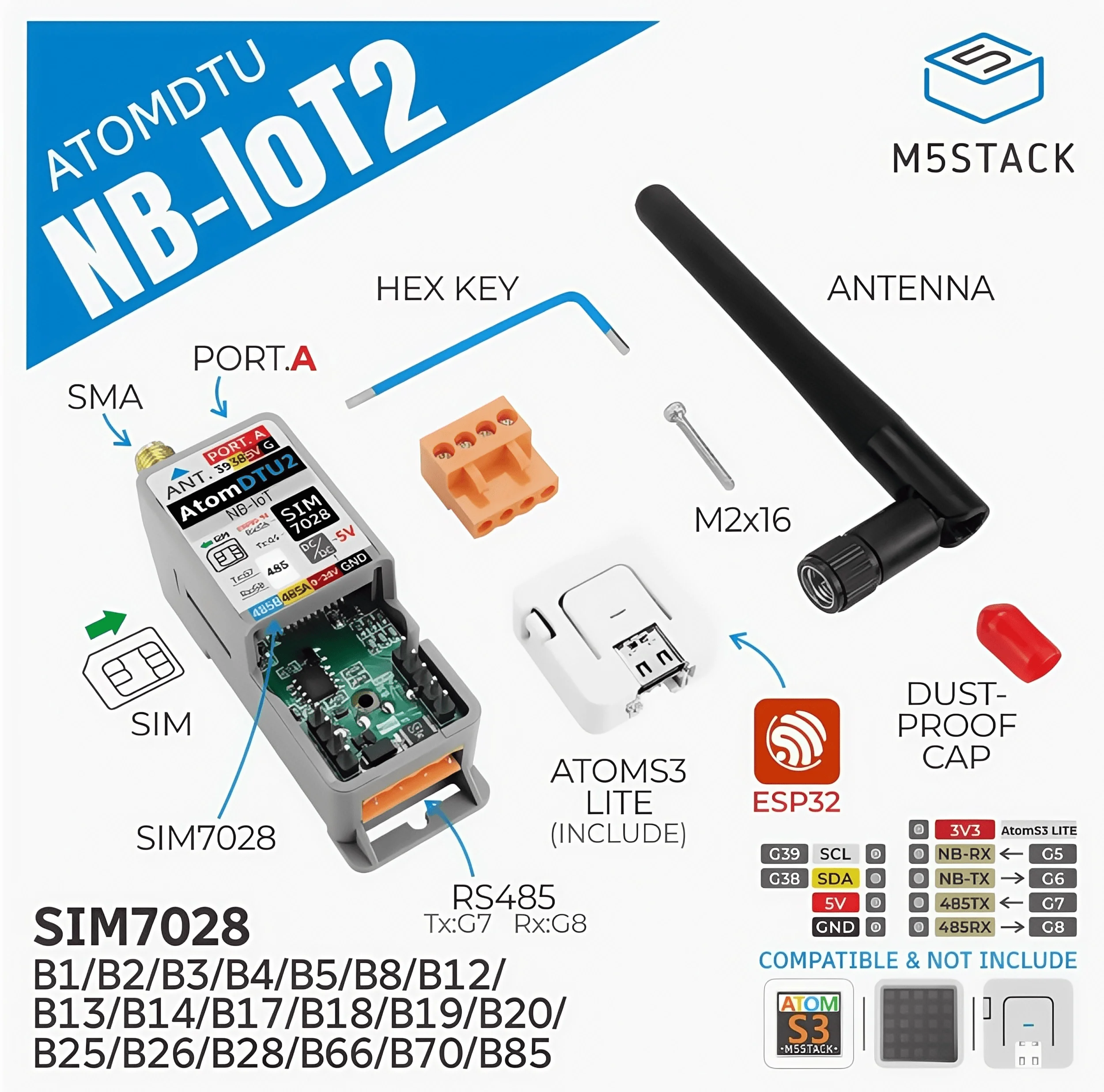 

M5Stack ATOM DTU NB-IoT2 Programmable Wireless Data Transmission Unit SIM7028