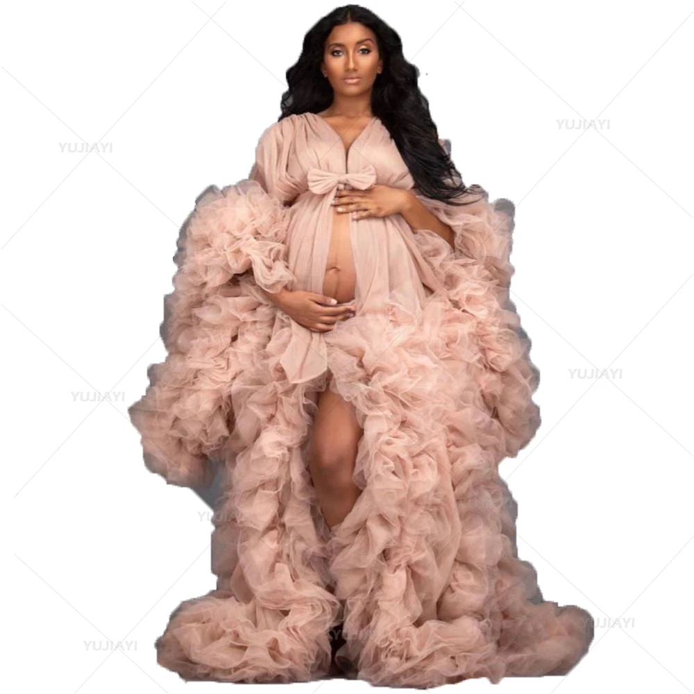 Geschwollene Tüll Umstands kleid lange Robe Schwangerschaft Frauen Kleid Nachtwäsche maßge schneiderte Braut Baby party Boudoir Pyjama Nachthemd