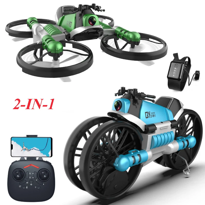 2.4G Radio RC Motorcycle Folding Quadcopter 2-in-1 Hand Gesture Sensing Auto Hovering Land and Air Rc Drone Flying Kids Toy Gift