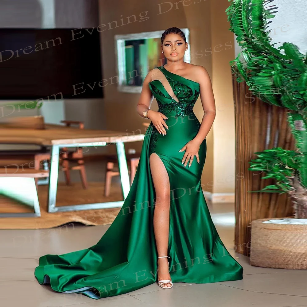 Arabic Fascinating Green Mermaid Graceful Evening Dresses One Shoulder Sleeveless Backless Prom Gowns High Split Floor-Length