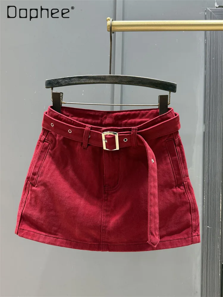 

Элегантная джинсовая короткая юбка в корейском стиле для женщин, весна 2026, новая, однотонная, универсальная, с завышенной талией, стройнящая, А-силуэт