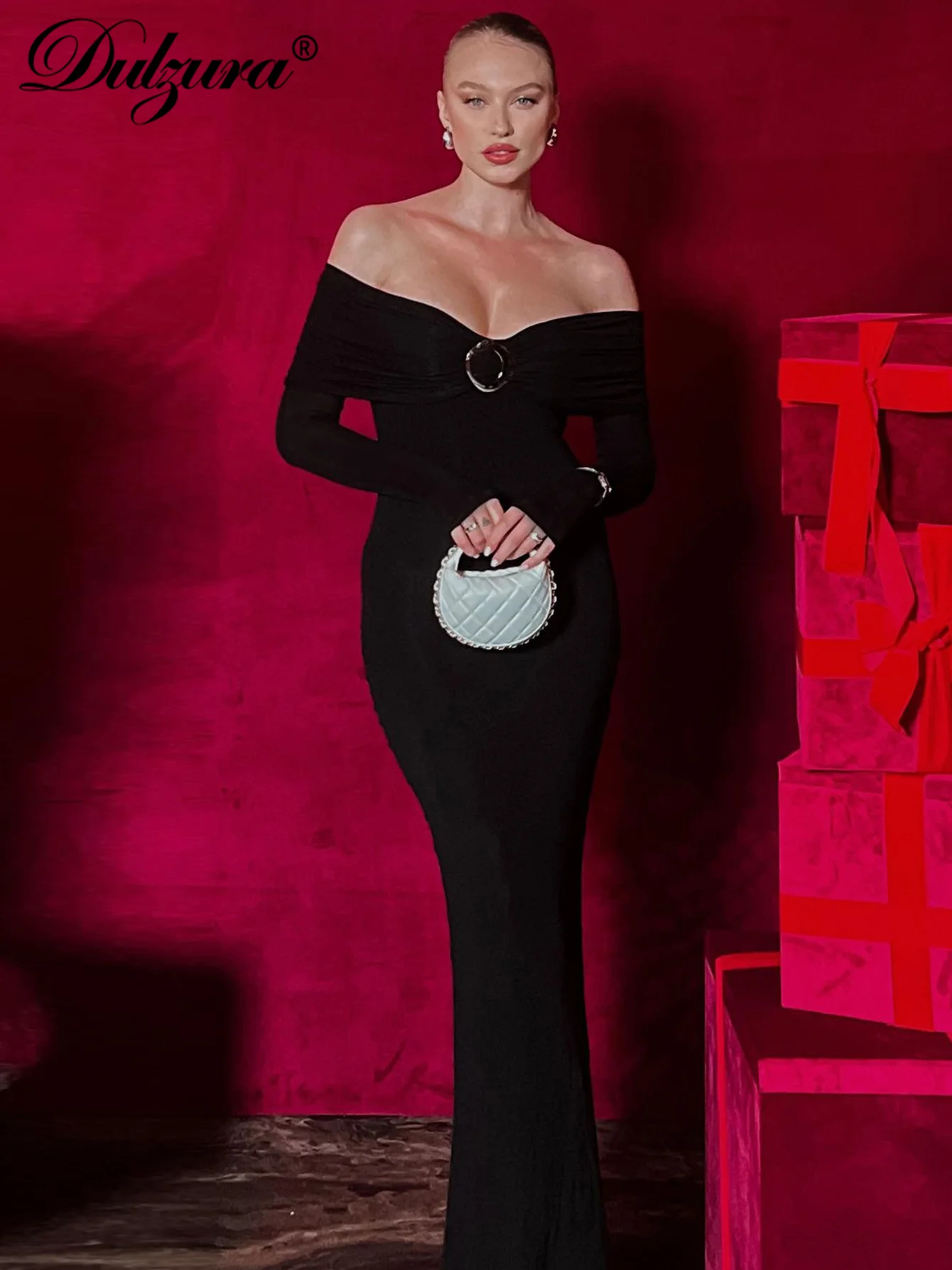 Dulzura Long Sleeve Off Shoulder Metal Button Back Slit Bodycon Maxi Dress Sexy Elegant Long Dress For Evening Party Prom Club