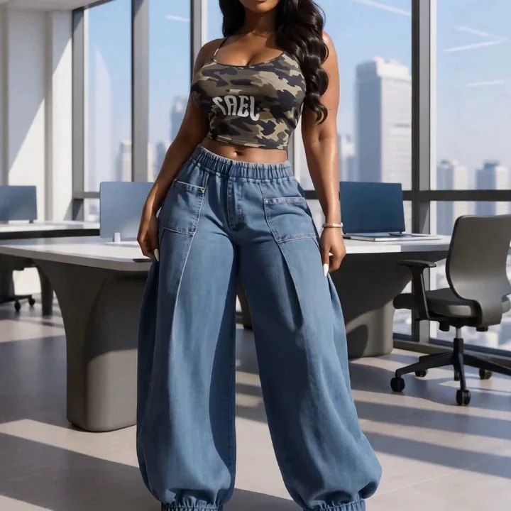 Bloomers Jeans Women Vintage Washed Elastic Waist Ankle Length Loose Pleated Straight Trousers Y2k Streetwear Elegant Splice
