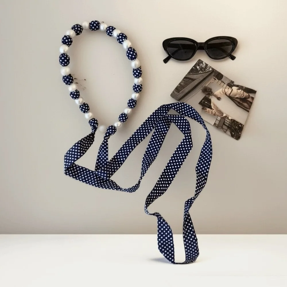 Fashion Accessories Vintage Style Pearl Necklace Scarf Adjustable Hair Band Waist Chain Ribbon Sweet Polka Dots Scarf Party