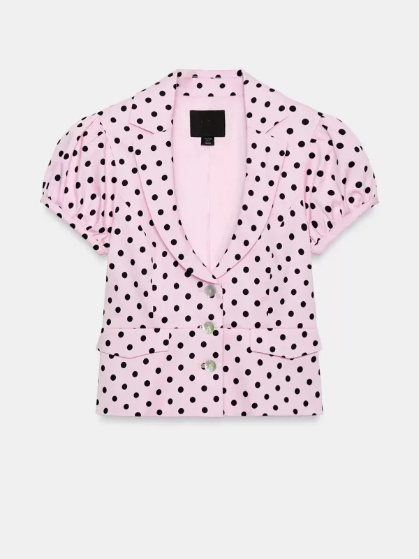 

Sweet Style Bubble Sleeve Polka Dot Short Coat New Summer Women's Top Breathable Cotton Material Flip Collar Short Length