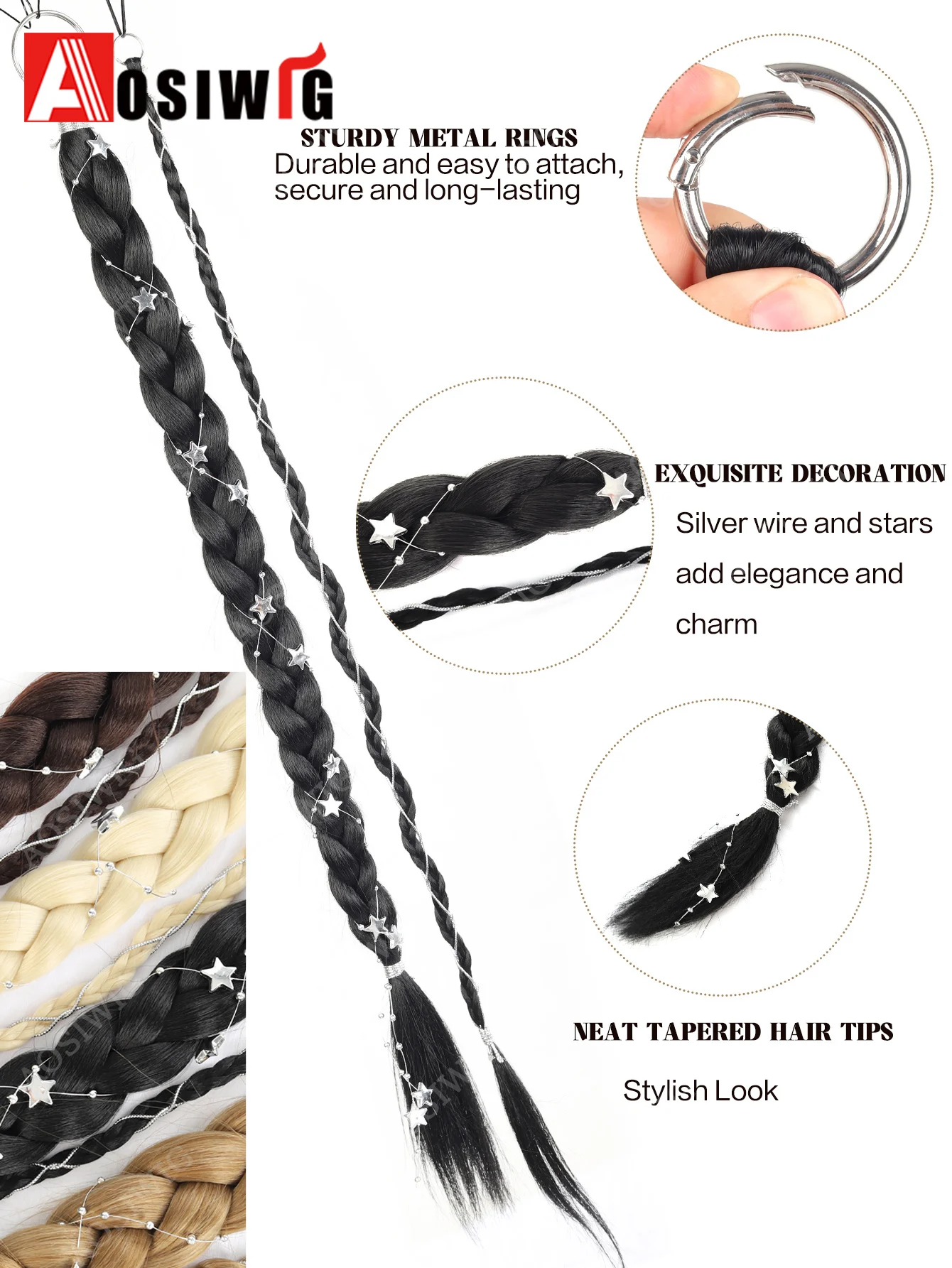 24Inch Pink Synthetic Ring Loop Braided Ponytail Extension Hair Piece With Star Charms Pearl Beads Removable Metal Ring For Wome