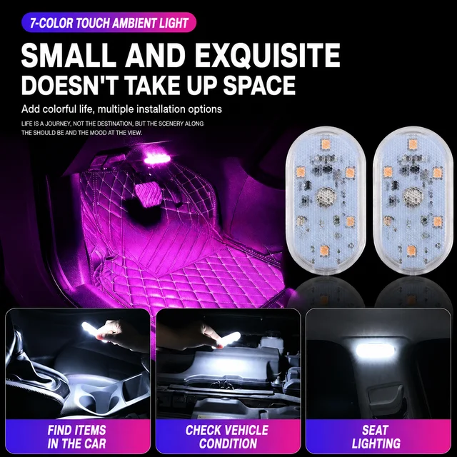 LED Touch Light Mini Wireless Car Interior Lighting Auto Roof Ceiling Reading Lamp for Door Foot Trunk Storage Box USB Charging 6