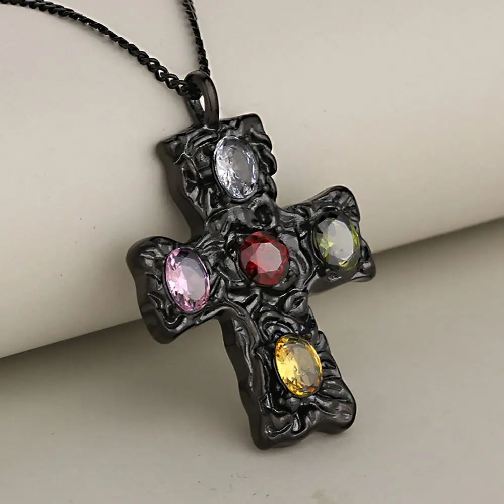 New Stainless Steel Cross Hammered Colorful Crystal Zirconium Pendant Necklaces Charm Women Men