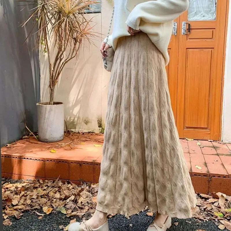 Falda de punto para niña Kawaii, nuevo modelo de otoño e invierno, vestido largo de cintura alta, doble bolsillo, cintura elástica, falda de estilo perezoso, dopamina