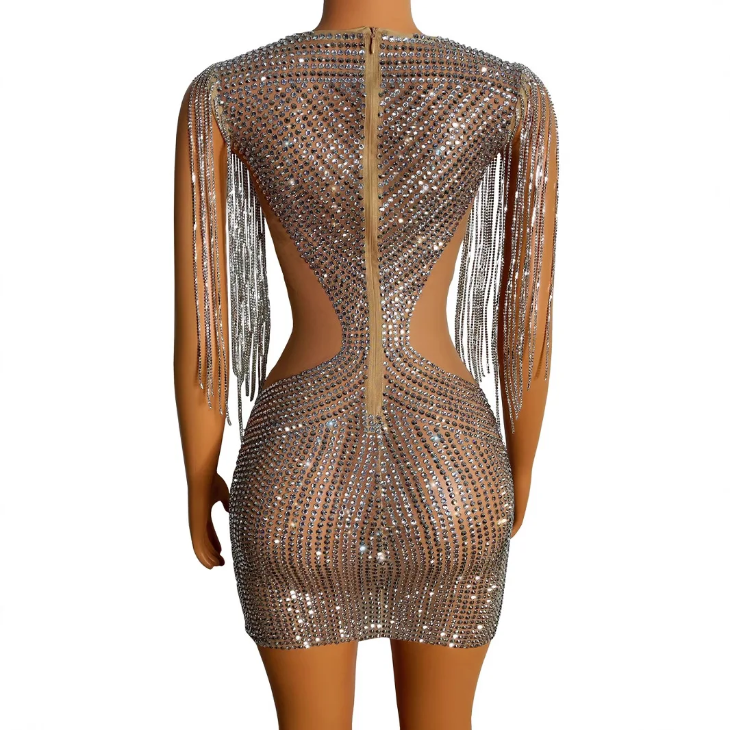 

Sexy European and American foreign trade mesh perspective diamond fringed hip skirt dress stage performance clothing women