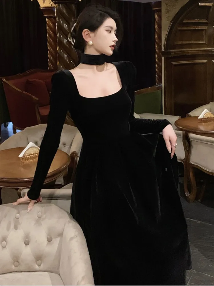 French Elegant Velvet Evening Robe for Women Autumn Square Collar Long Sleeve A-line Slim Mujer Vintage Chic Party Prom Vestidos