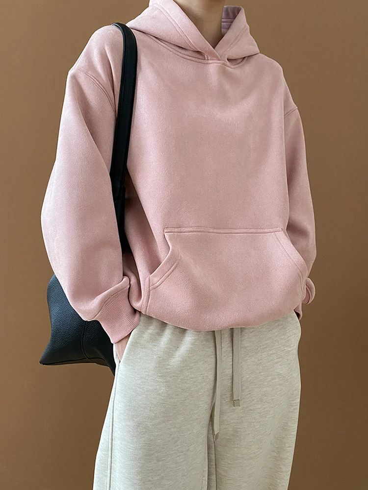 [LANMREM] Pink Hooded Pullovers For Women Casual Loose Thick Warm Sweatshirt Minimalism Tops Female 2024 Winter New 26C829