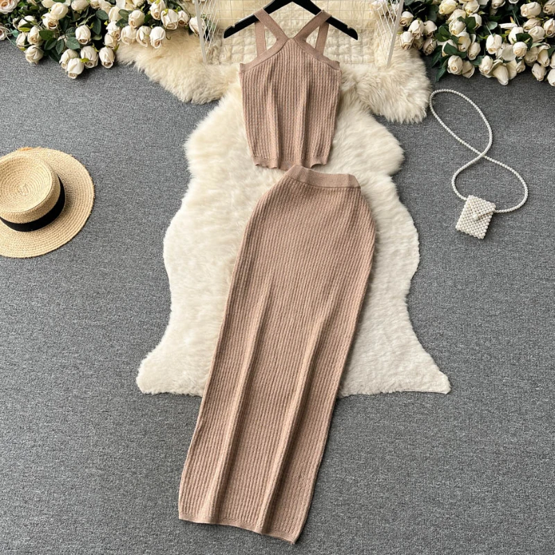 Shining blingbling Summer Women Knit Two Piece Sets Sexy Spaghetti Strap Short Crop Top+ Elastic Long SKirt Solid Women Suits