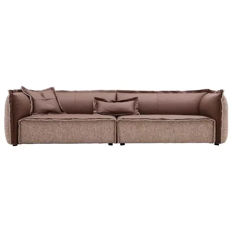 The first layer of cowhide straight-row leather sofa, minimalist retro style living room combination cotton and linen leather