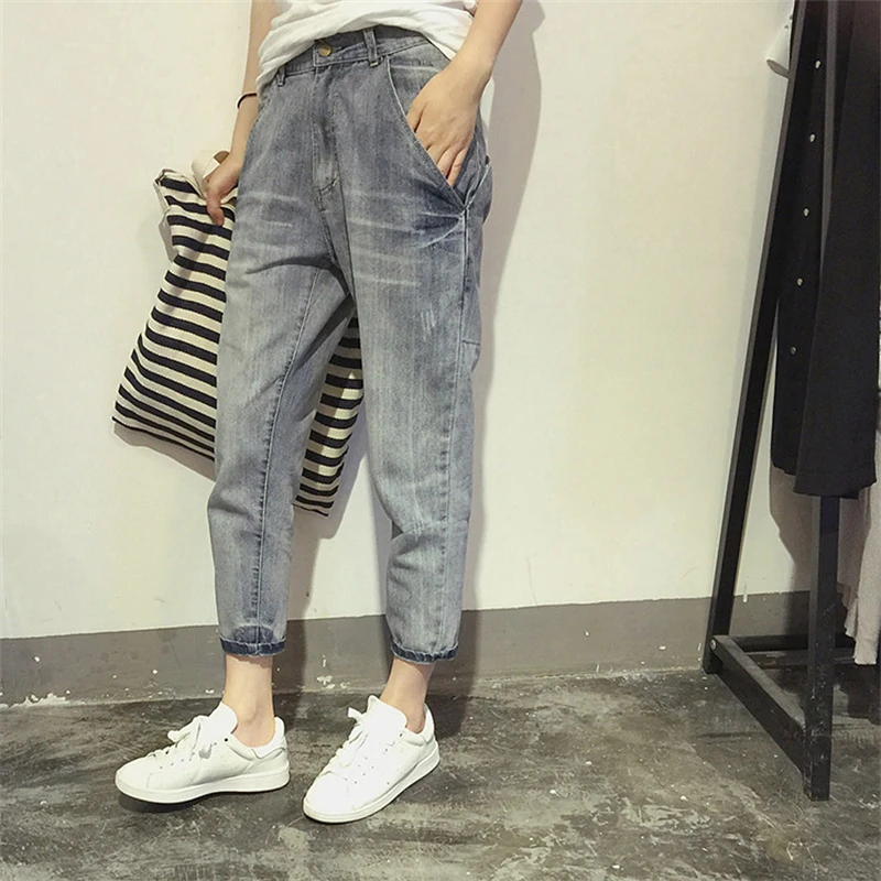 16023 Women\'s Jeans Spring Korean Style Loose Office Ladies Streetwear Solid Color Light Blue Elastic Bleach Scratch Denim Pants