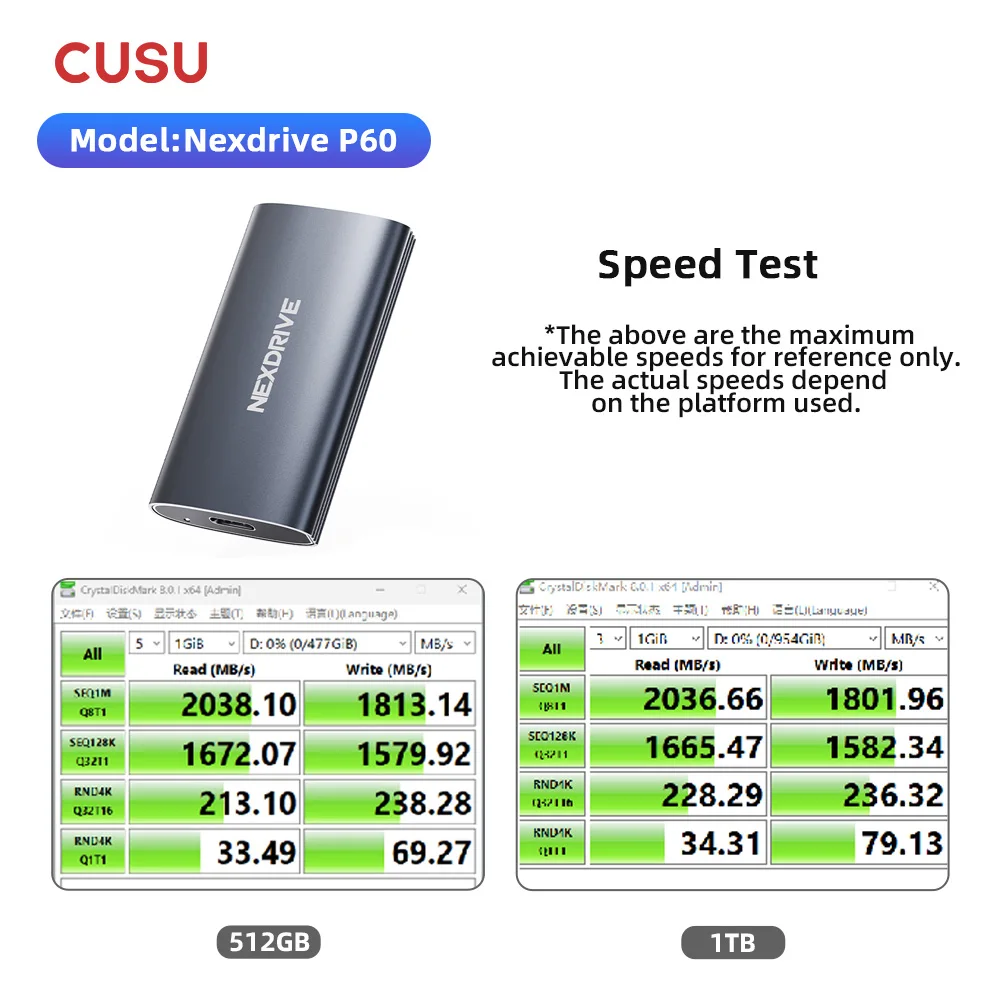 CUSU Portable External SSD 256GB 512GB 1TB 2TB Solid State Disk External Hard Drive USB 3.2 Gen2 SSD for iPhone 15 Windows Mac