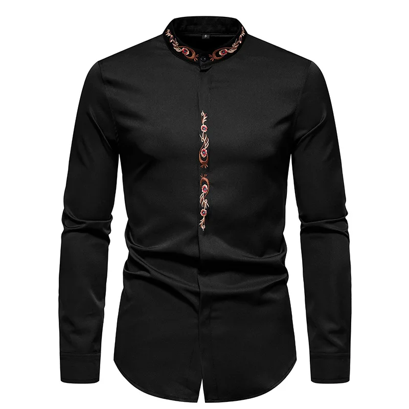 

Men Autumn Shirt Embroidery Print Dress Shirt Long Sleeve Tops Prom Social Slim Fit Cotton Streetwear Casual Chemise Clothes