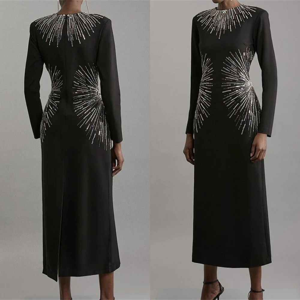 

Customized Elegant Black Jersey Evening Dress Exquisite O-Neck Long Sleeves Homecoming Dresses Luxury Special Occasion Gowns