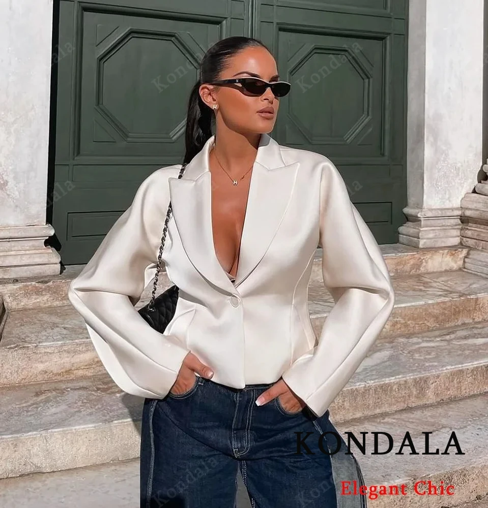 

KONDALA Women Elegant Satin-Effect Blazer Lapel One Button Beige Slim Blazer New 2025 Spring Fall Fashion Romantic Modern Blazer