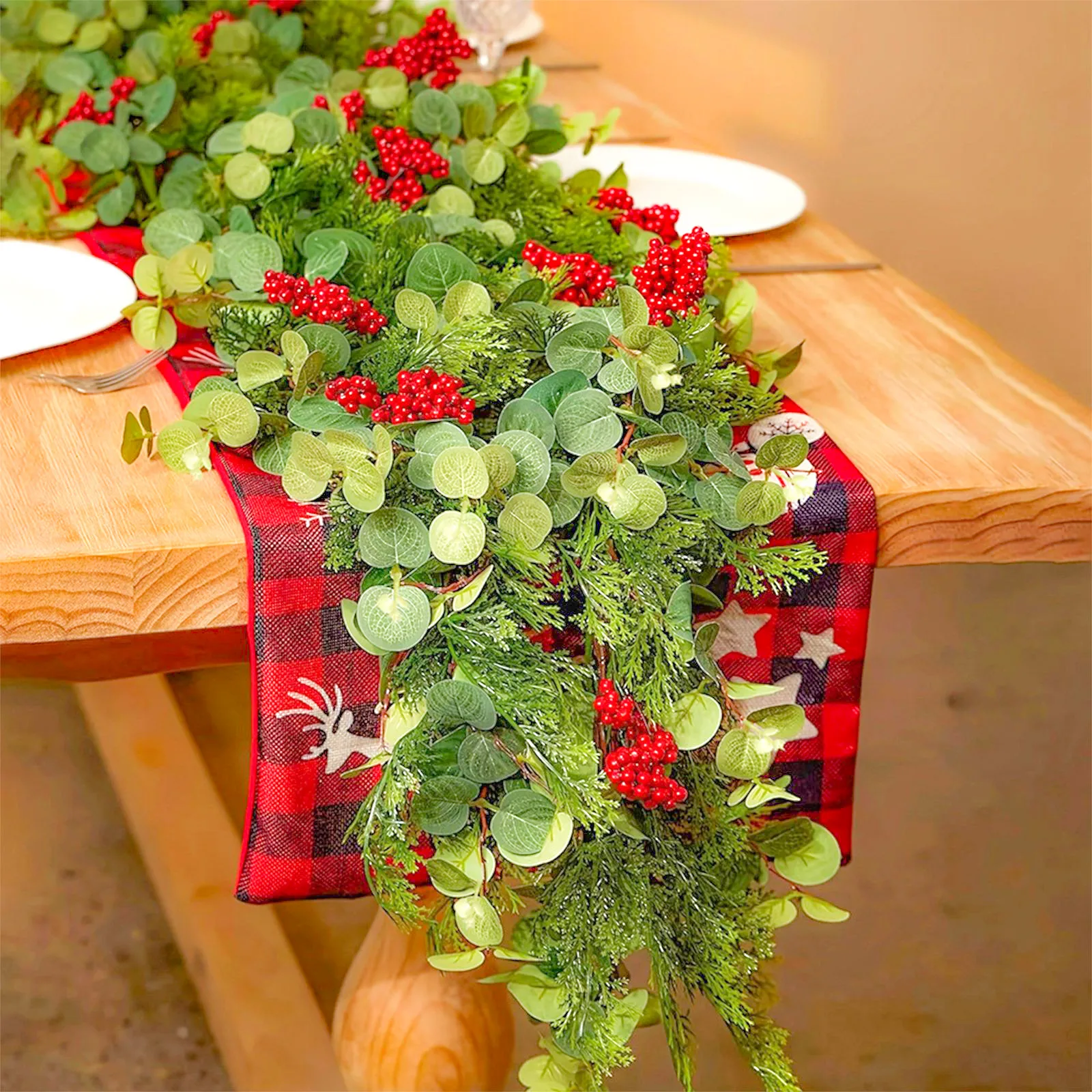

6ft Handmade Christmas Garland,Artificial Cedar Needles Green Seasonal Garland TV Cabinet Winter Holiday Indoor Outdoor Decorati