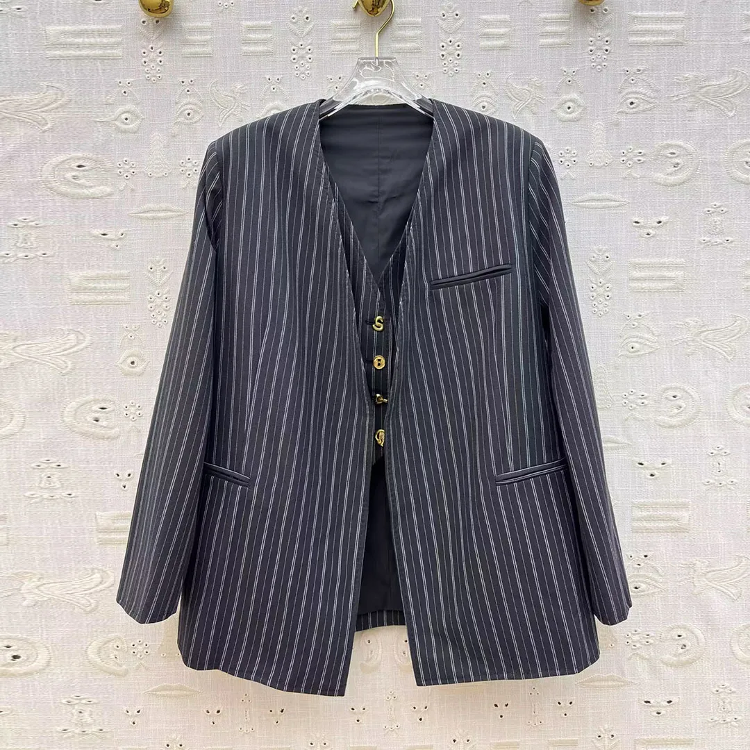 

High Quality Elegant Fashion Vintage Cotton Stripes Blazer Suit Women V-neck Long Sleeve Gold Buttons Casual Loose Jacket