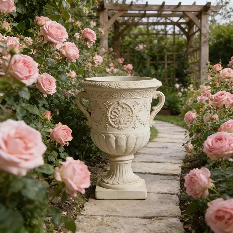 Hand Painted Resin Flower Pot Antique Design Elegant Binaural Garden Planter Rose Theme Festival Decoration Outdoor Home