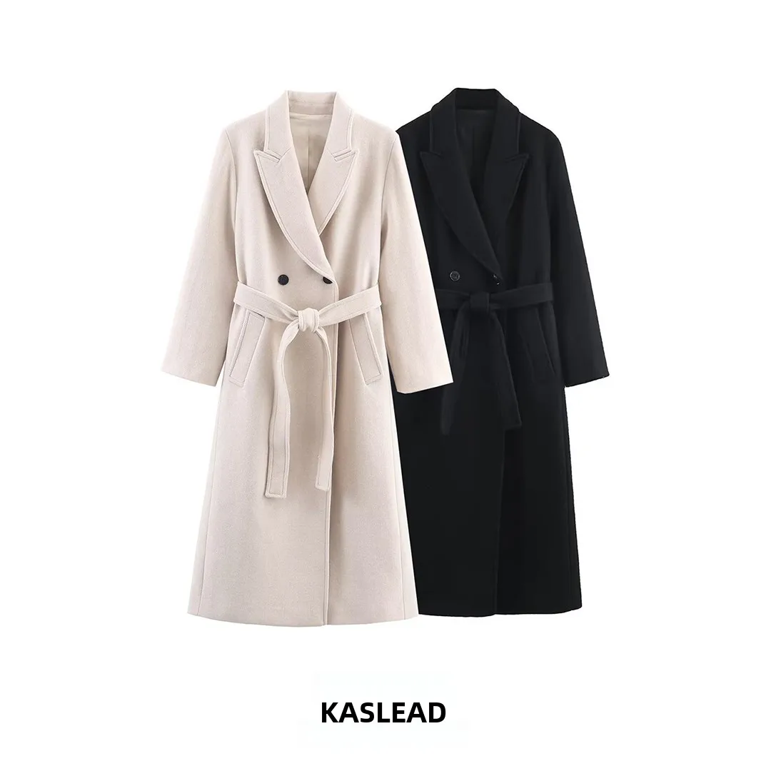 

KASLEAD новое модное длинное пальто из смешанного волокна с поясом, женская верхняя одежда Ele Sli, осенне-зимнее пальто из полиэстера