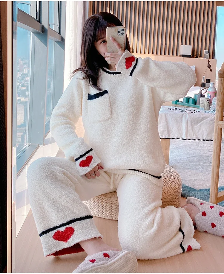 Loungewear Sets Ins Pajamas Women Suit Thickened Warm Soft Winter Outdoor Long-sleeved Trousers Love Coral Velvet Home Clothing