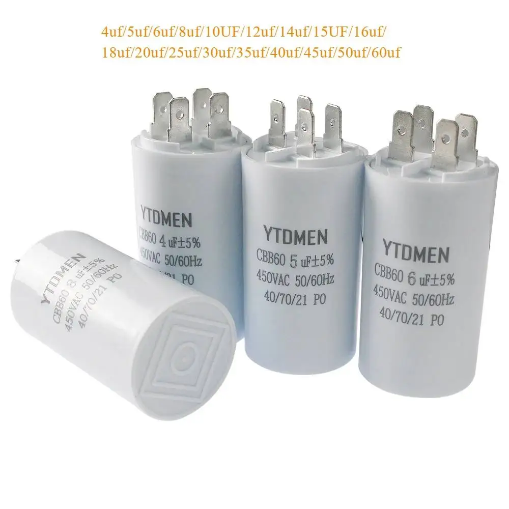 AC 450V CBB60 Dual Insert Motor Starting Capacitor 4pin 4UF-60UF Replacement Motor Run Capacitors For Air Compressor Water Pump