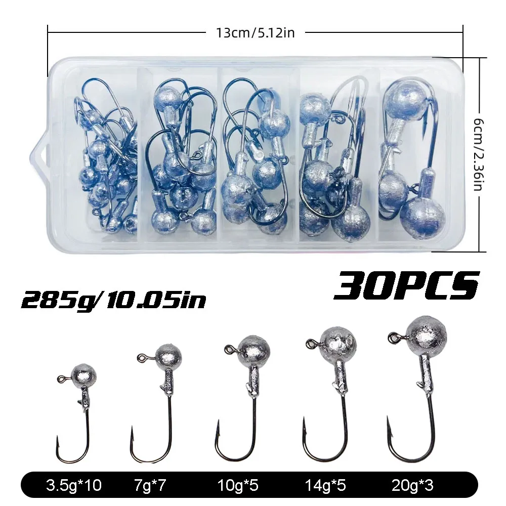 Limnoid Jig Head Hooks Kit, 30 Stück, scharfe Haken aus Kohlenstoffstahl mit Bleikugelkopf für das Angeln mit weichen Ködern im Salzwasser und Süßwasser – Detail 3