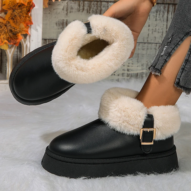 Snow Boots for Women 2024 Winter New Cashmere Boots Fashion Metal Buckle Thick Soles Plush Botas Cotton Shoes for Woman