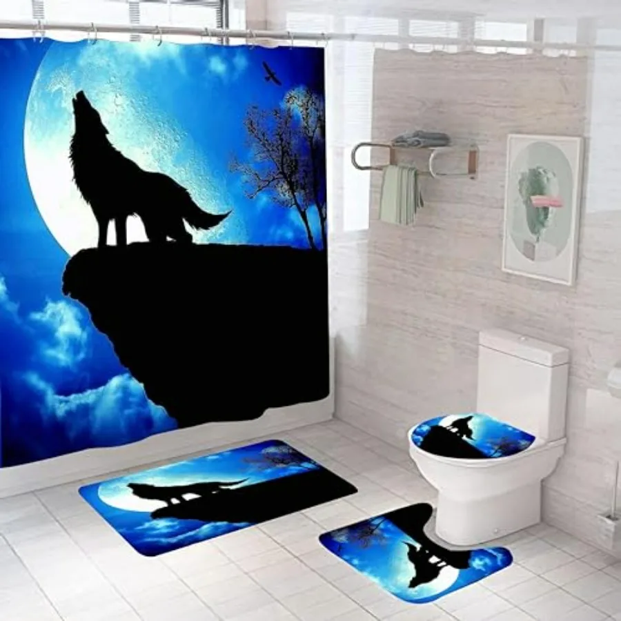 

Wolves Wolf and Moon Bathroom 4 Pieces Set Shower Curtain Toilet Lid Cover and Bath Mat Non-Slip Rugs Durable and Waterproof fo