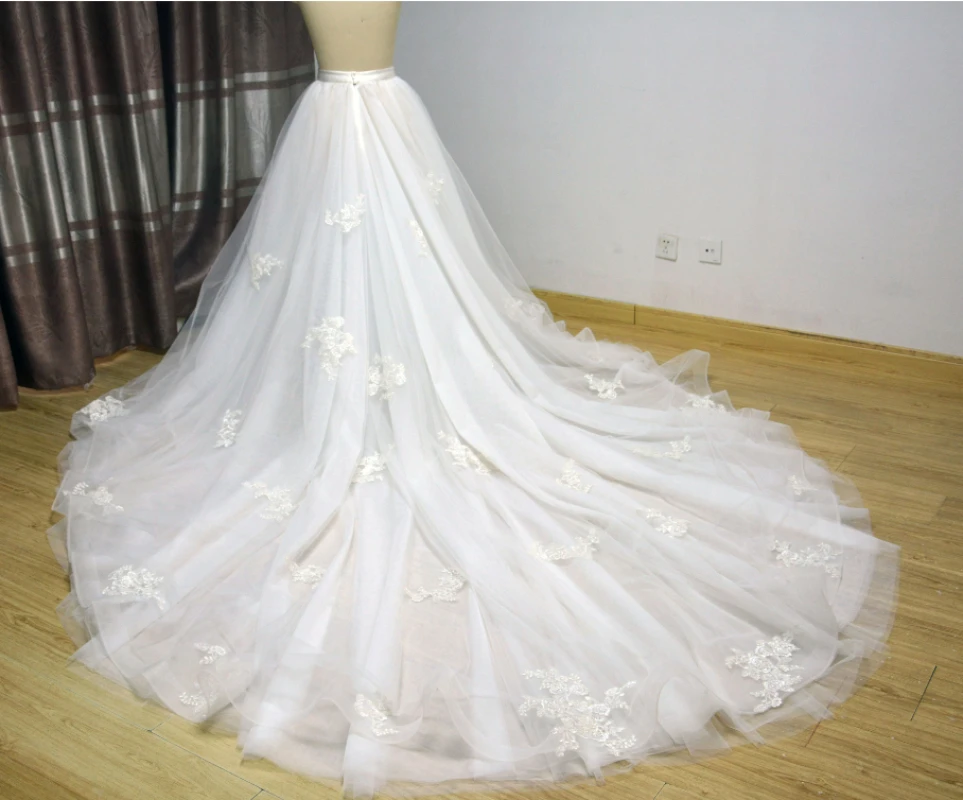 Vestidos de novia con apliques de encaje blanco, cola desmontable, falda extraíble de tul champán, tamaño personalizado, falda de boda con cremallera, talla personalizada