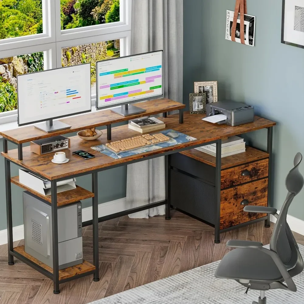 Standing Desk with 2 Drawers, 3 Open Storage Shelves, Middle Board Is Adjustable, Office Table