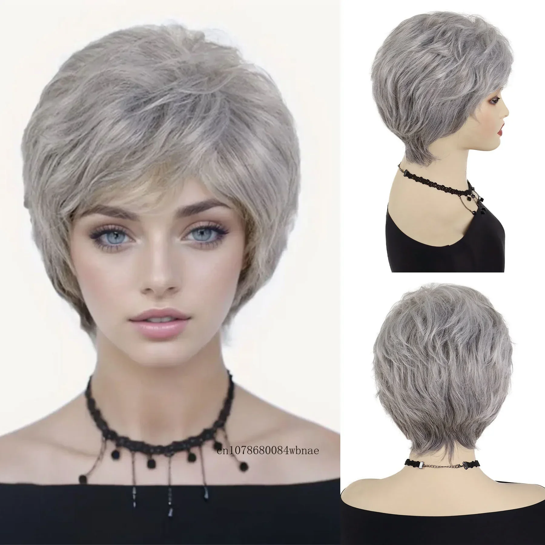 

Synthetic Classic Granny Short Pixie Cut Wig for Women Grey Grandma Wigs Heat Resistant Fluffy Hair Daily Party Old Lady Use