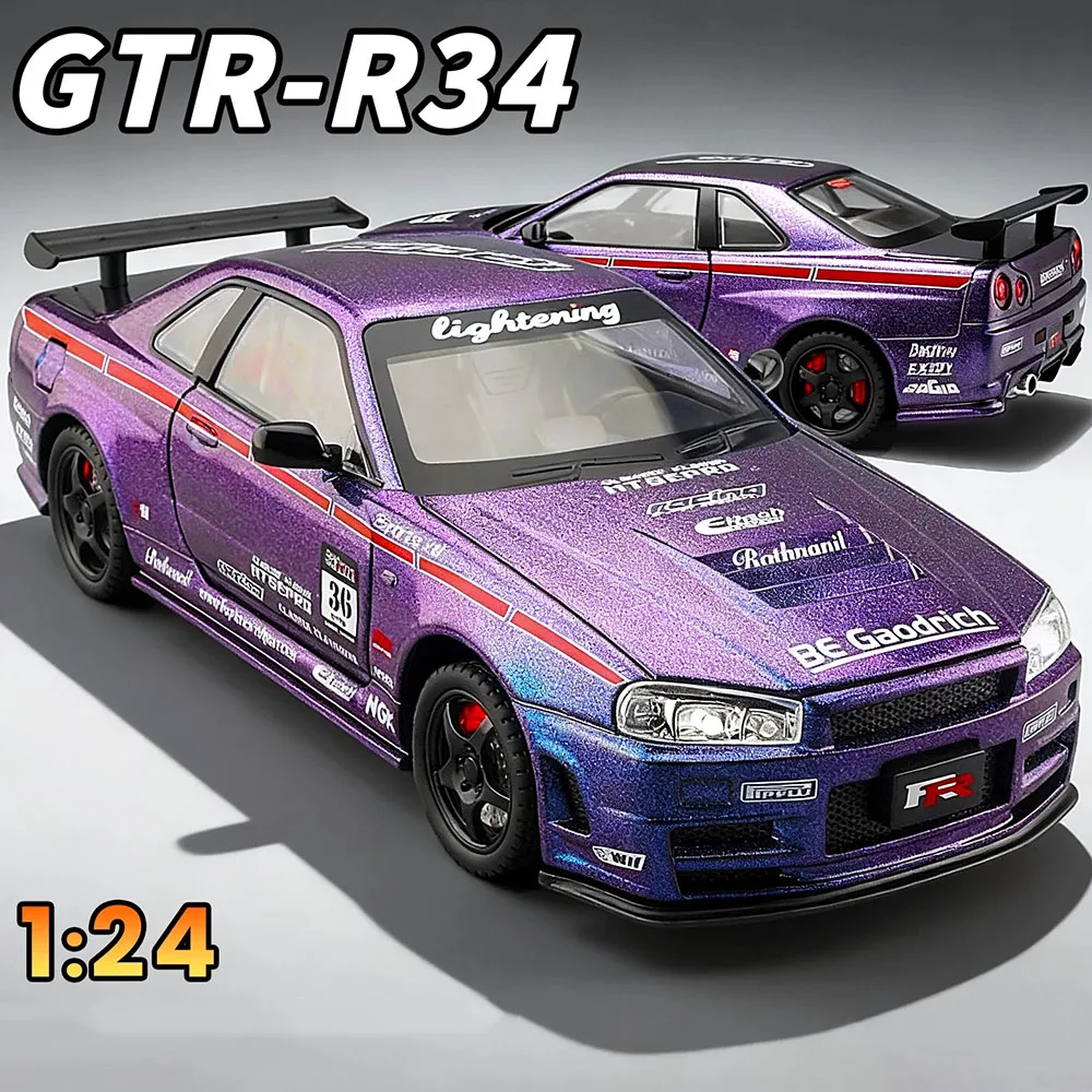 1:24 GTR-R34 R50 modèles miniatures en alliage moulé sous pression voitures jouets son lumière retirer portes ouvertes véhicules exquis recueillir des ornements