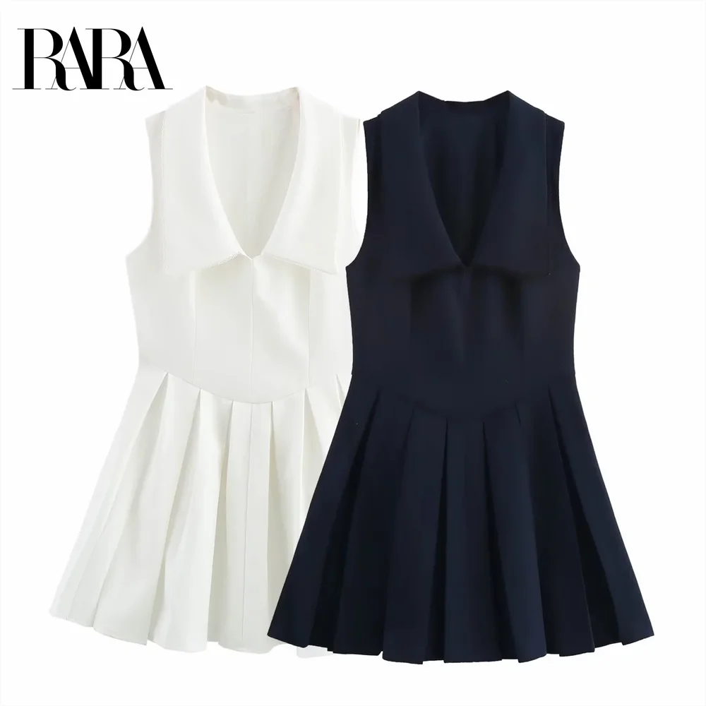 

RARA 2025 Temperament Simple College Style Pure Color V-neck Sleeveless Pleated Dress Short Skirt Spring New Women's Clothing