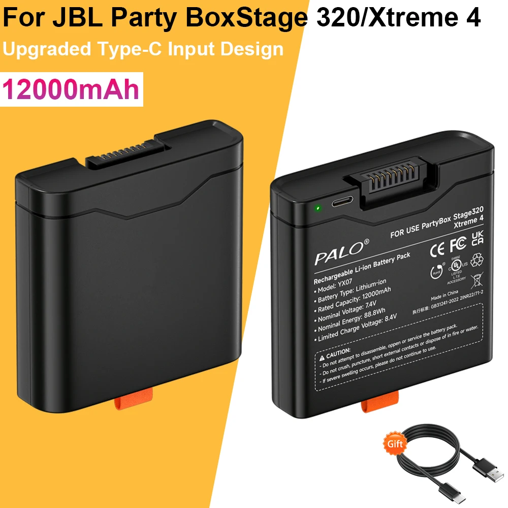 PALO 12000mAh High capacity For JBL Xtreme 4 Battery JBL PartyBox Stage 320 Spare Battery with TYPE-C input For Portable Speaker