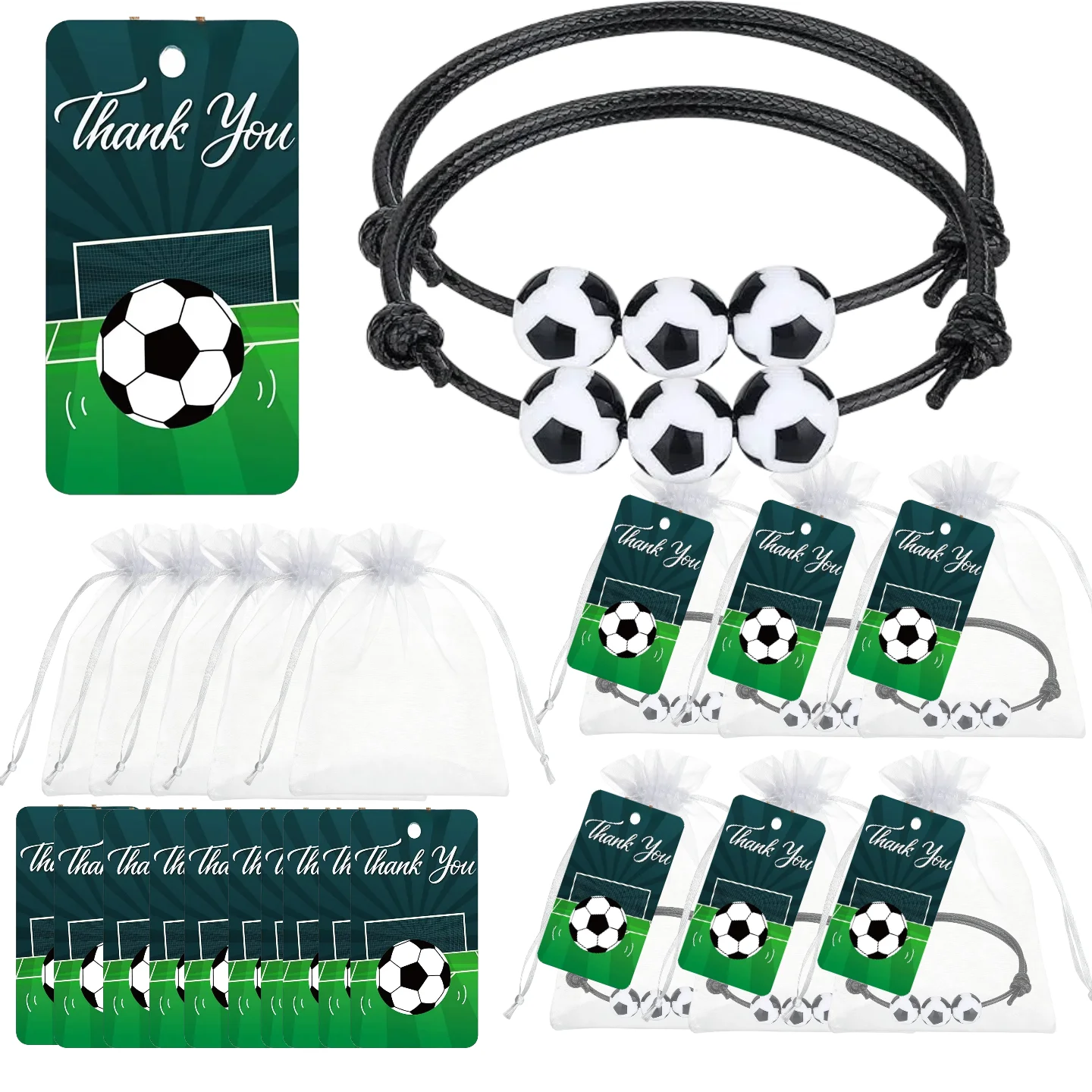 Pulsera de fútbol, set de recuerdos para fiesta, tarjeta de agradecimiento, bolsa de organza, regalo de cumpleaños para niños, regalo de agradecimiento para el equipo