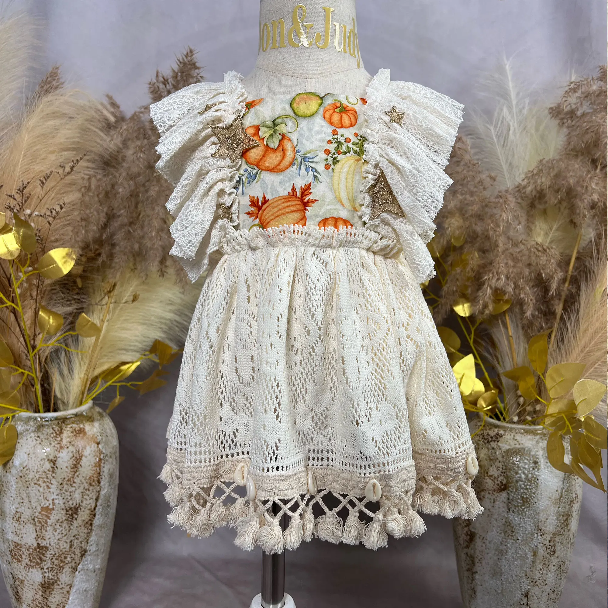 Square Neck Printed Dress with Lace Fringe Decoration Cute Kids' Clothing Photography Prop Children's Formal Wear Birthday Party