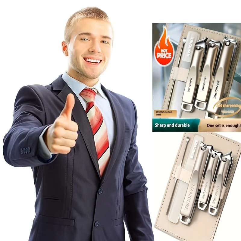 Hochwertiges 5-teiliges Nagelpflegeset, einschließlich Nagelknipser, einer Nano-Feile und einer Ohrenschüssel, alles in einem tragbaren Aufbewahrungskoffer verpackt.