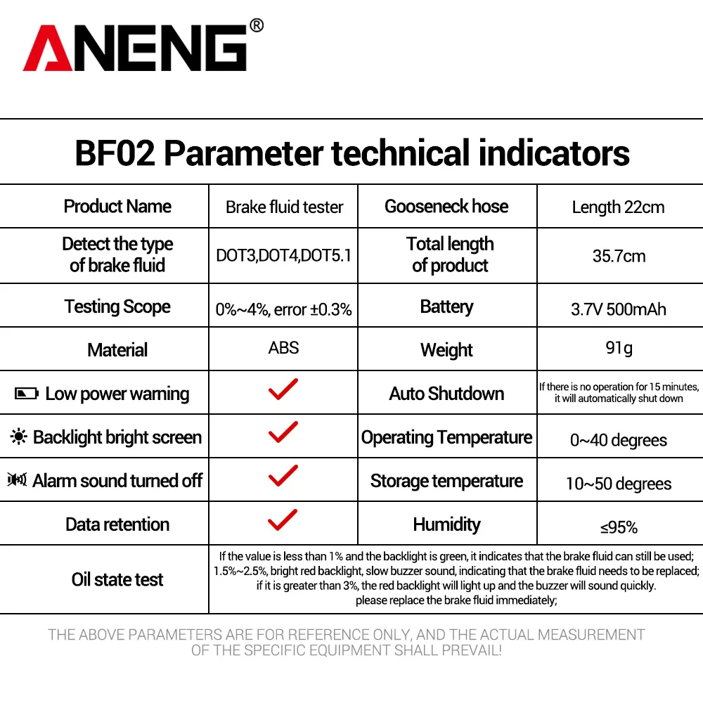 

Brake Fluid Tester Rechargeable ANENG BF02 Handheld Oil Detection Digital Display Screen Audible/Visual Alarm Detection Tools