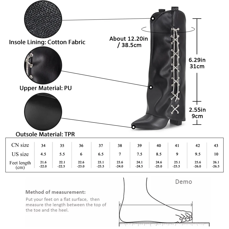 GMQM Fashion Women's Knee Boots Rhinestone Lace-up Pointy Toe Fold Over Wedges Boots Zip High Heel Pumps Street Style Long Boots