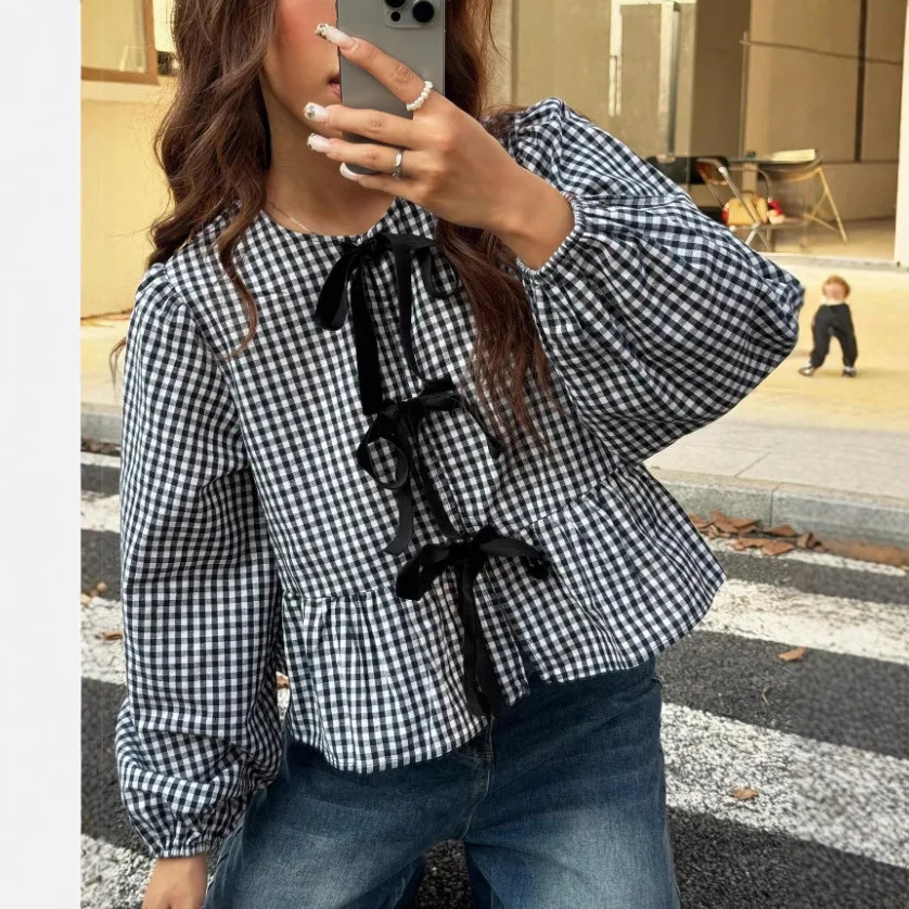 

Shirt Women Casual Blouses Coat Plaid Printing Lace Up Bow Round Collar Puff Sleeve Sweet Overshirt Female Spring Summer 2025