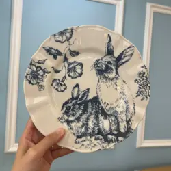 Nordic Retro Cute Cartoon Blue Rabbit Dim Sum Plate Glazed Dinner Plate