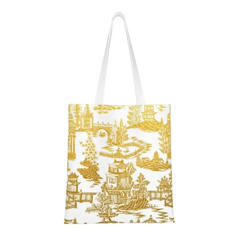 Golden Pagoda Chinoiserie Grocery Tote Shopping Bags Women Vintage Oriental Willow Pattern Canvas Shopper Shoulder Bag Handbag