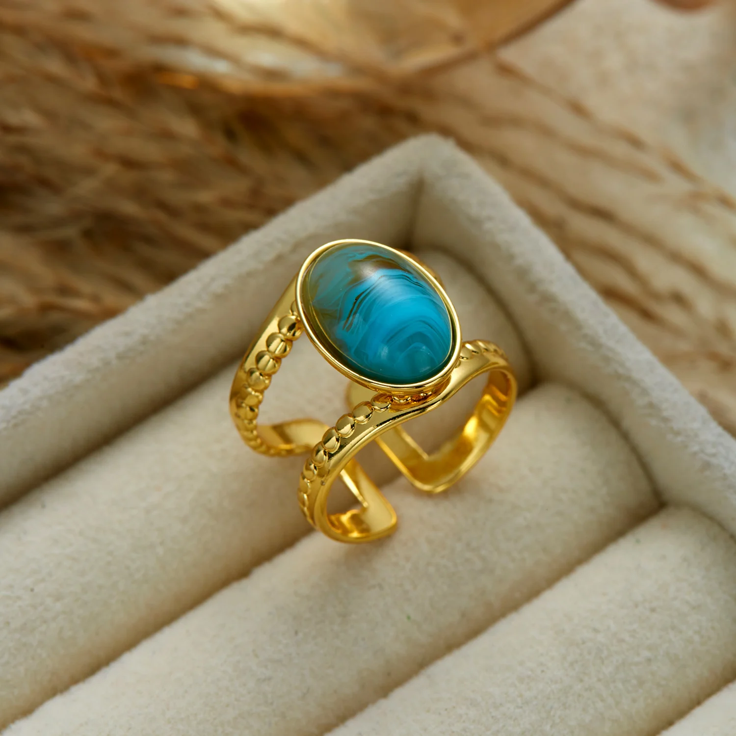 Adjustable Gold Plated Stainless Steel Double Layer Hollow Ring for Women Boho Oval Turquoise Stackable Open Ring Party Jewelry