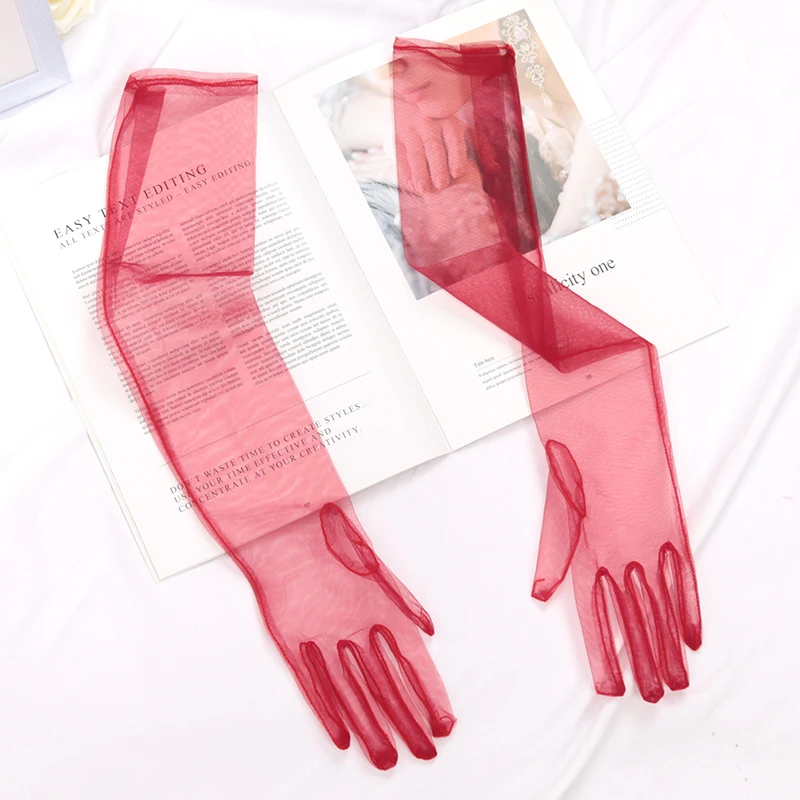 Long Sheer Tulle Gloves Ultra Thin Stretchy Full Finger Mittens Mesh Elbow Wedding Bride Gloves Sheer Sunscreen Vintage Glove